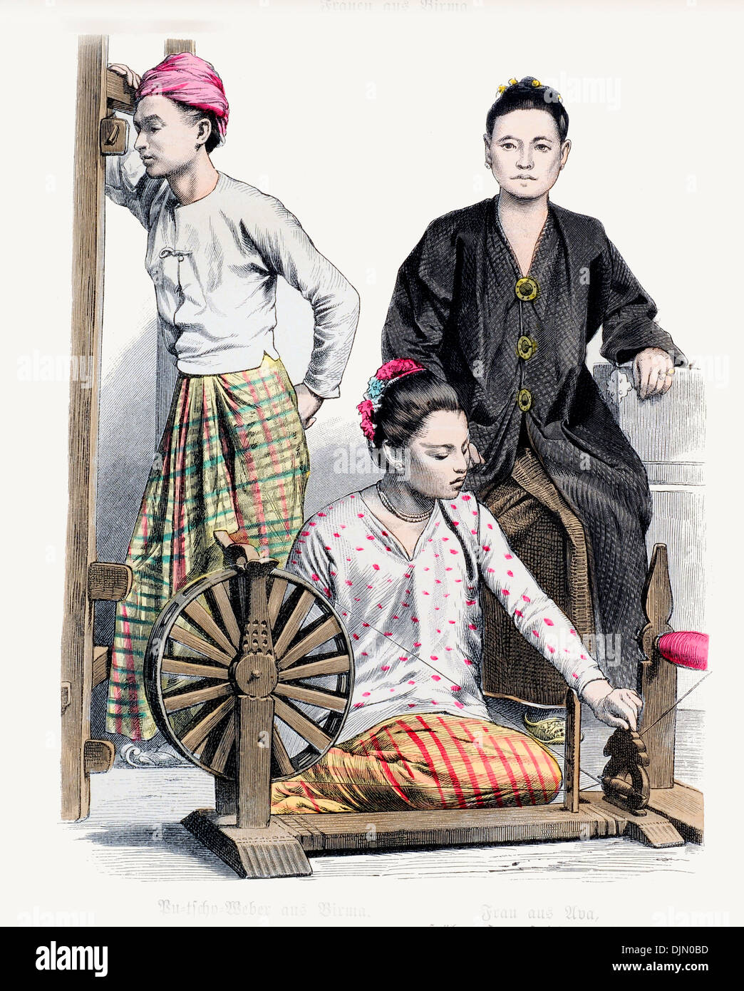 19th century XIX 1886 Burmese woman spinning wheel Stock Photo