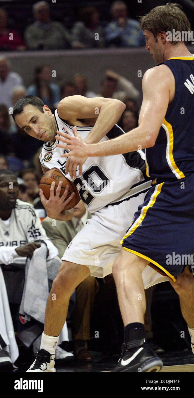 Mar 01, 2008 - San Antonio, Texas, USA - Spurs MANU GINOBILI is pushed out of bounds by Indiana Pacers# 3 TROY MURPHY in the 2nd period of play at the at&t center Thursday March 6, 2008. The play that ejected Pop out of the game with a no call on Ginobili.  (Credit Image: © Delcia Lopez/San Antonio Express-News/ZUMA Press) RESTRICTIONS: * San Antonio, Seattle Newspapers and USA Tab Stock Photo