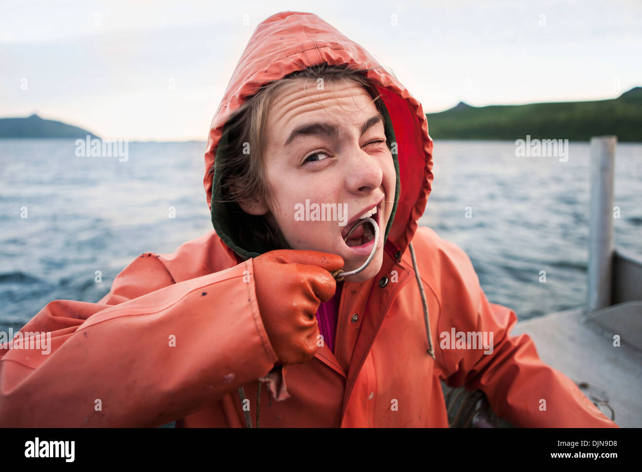 Claire Laukitis Is Hooked On Commercial Halibut Fishing, Southwest Alaska, Summer. Stock Photo