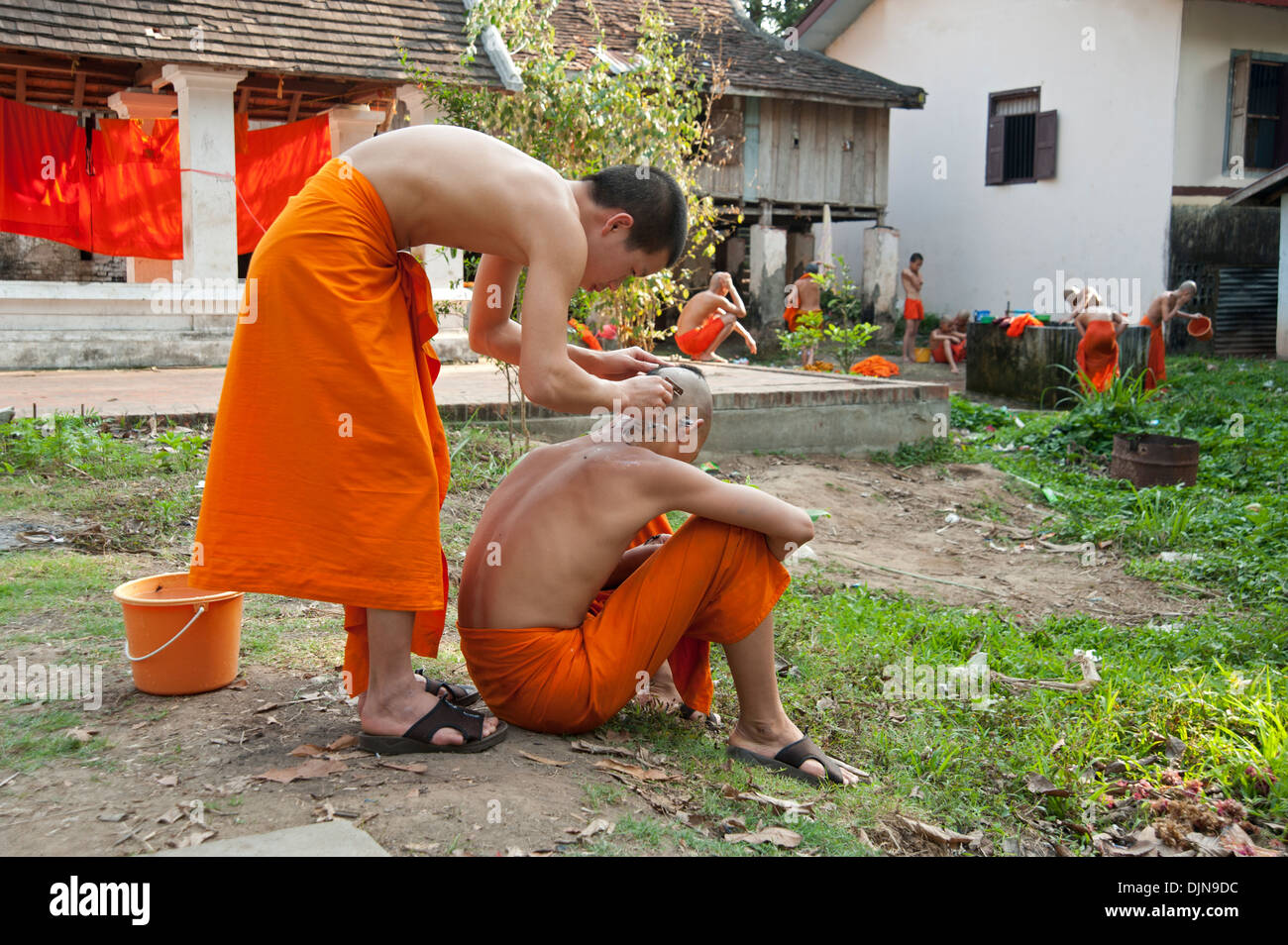 Laotian monks shaving their heads in laos hires stock photography and