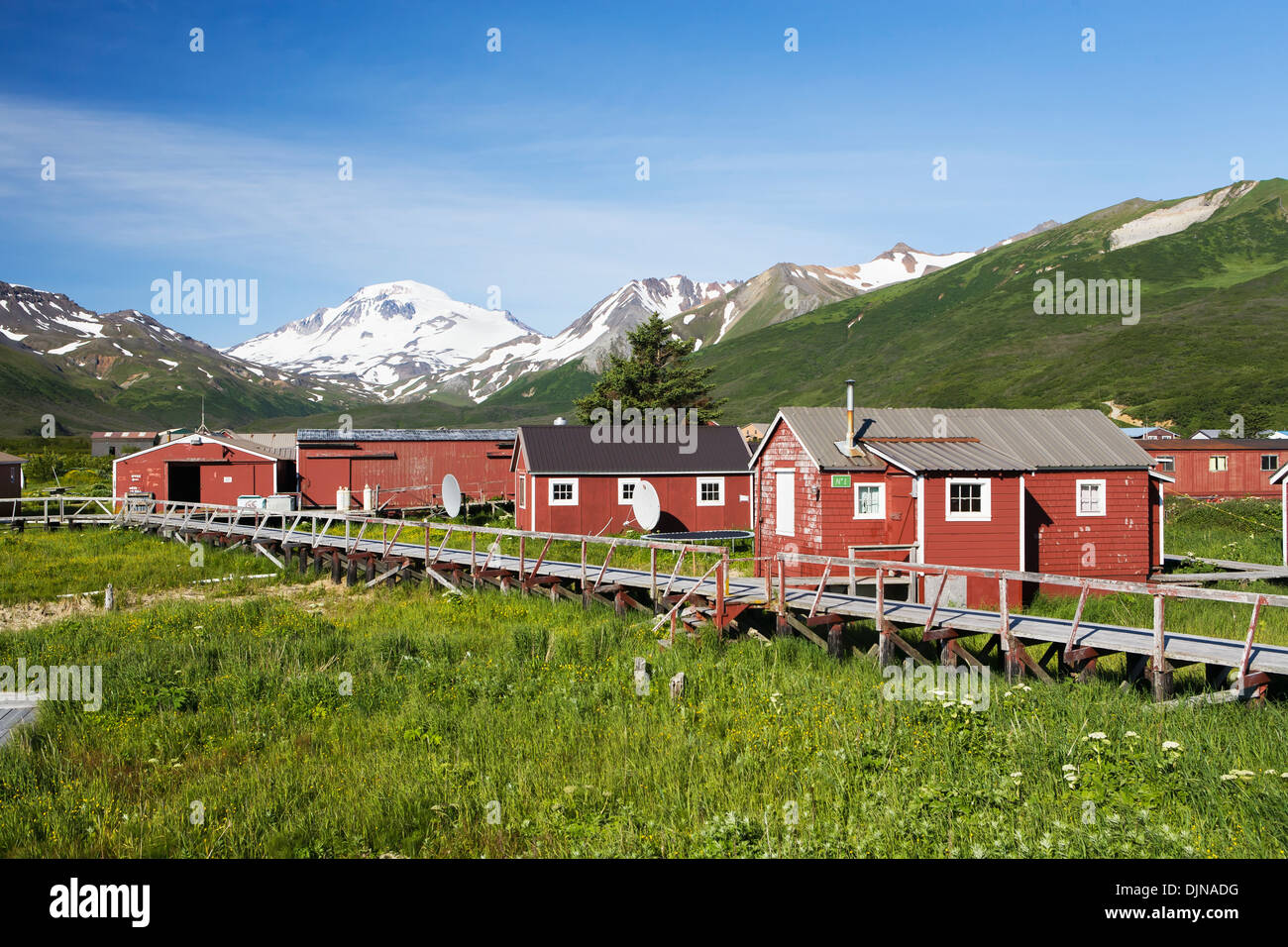 The Town Of False Pass On Unimak Island, The First Of The Aleutian Island Chain, Southwest Alaska, Summer. Stock Photo