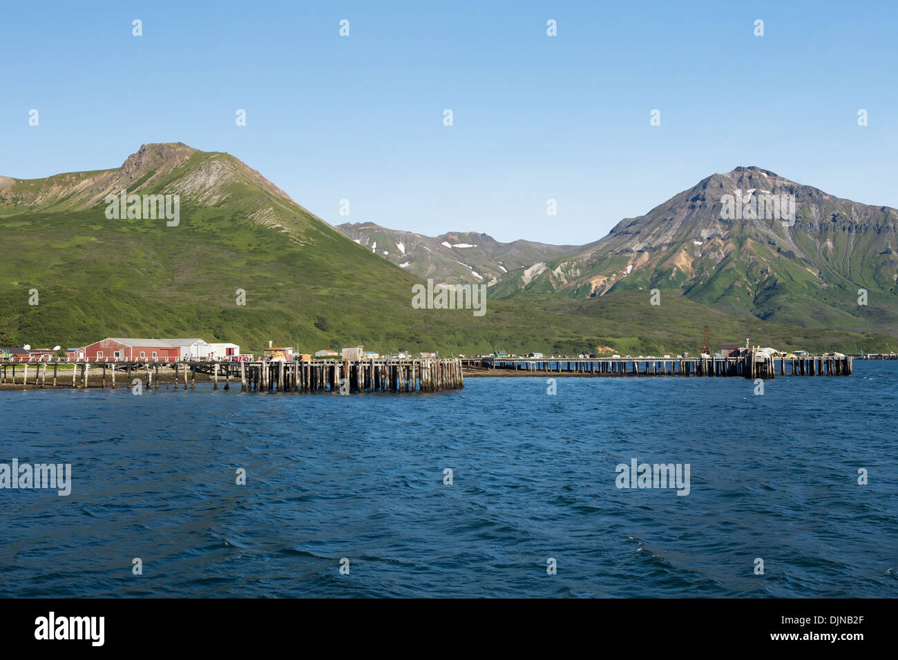 The Town Of False Pass On Unimak Island, The First Of The Aleutian Island Chain, Southwest Alaska, Summer. Stock Photo