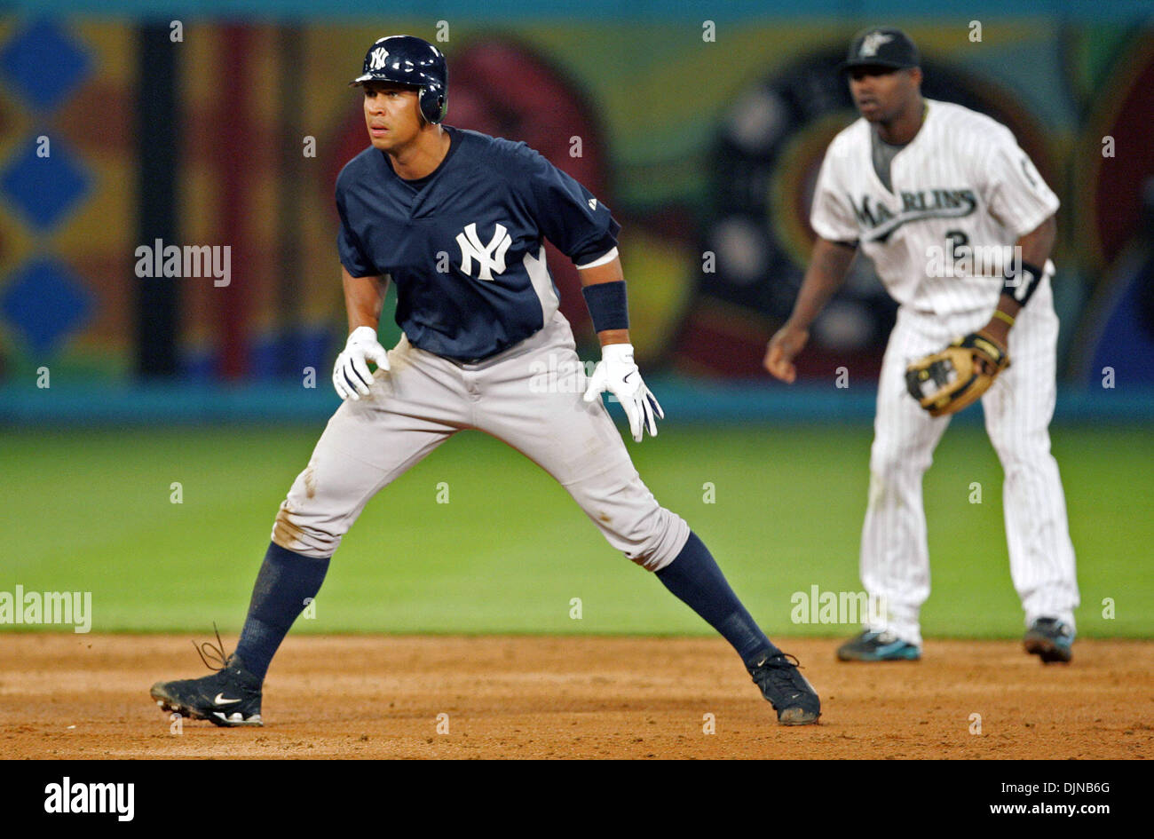 Mar 28, 2008 - Miami Gardens, Florida, USA - New York Yankees at Florida Marlins Spring Training game at Dolphin Stadium..Yankee's ALEX RODRIGUEZ takes a lead at second base after reaching base on a double. (Credit Image: © Allen Eyestone/Palm Beach Post/ZUMA Press) RESTRICTIONS: * USA Tabloids Rights OUT * Stock Photo