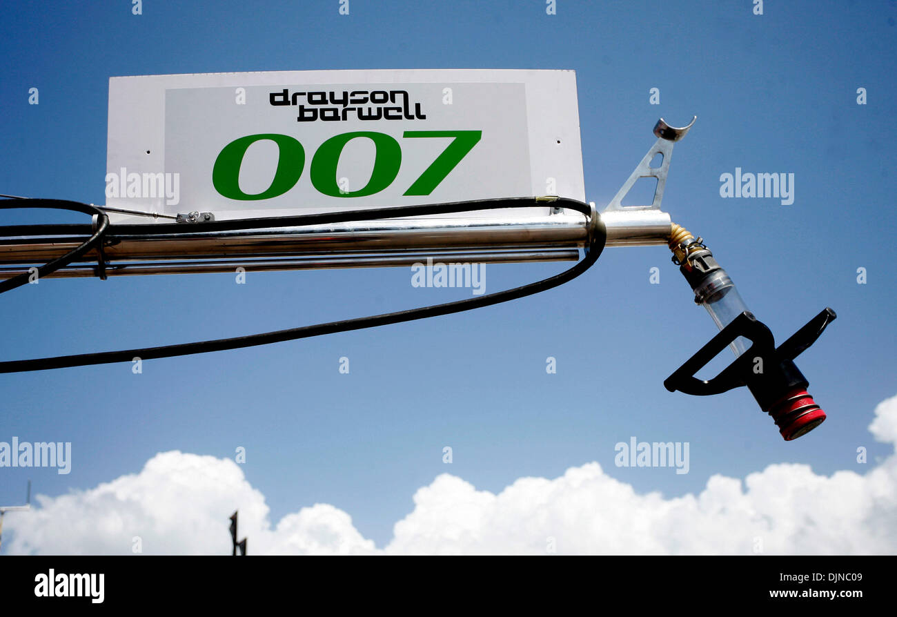 Apr 04, 2008 - St. Petersburg, Florida, USA - The fueling mechanism hangs above the pit lane along with 007, the number of the Queen's double agent as well as the race car number belonging to Lord Drayson, who was a defense minister and member of the House of Lords in Great Britain who chucked all that to become an driver for the American Le Mans Series ALMS in the colonies, at the Stock Photo