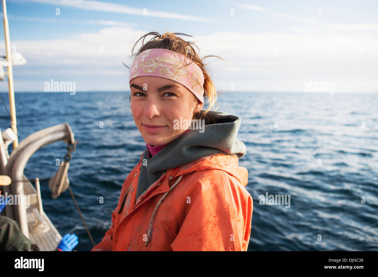 Portrait Of Claire Laukitis Commercial Fishing For Halibut In Southwest Alaska, Summer. Stock Photo