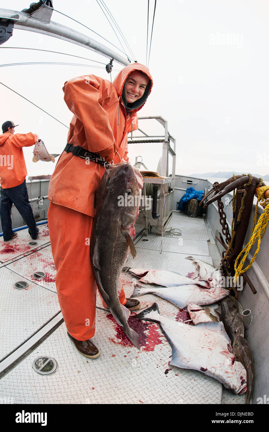 Claire Laukitis Removing The Hook From An Exceptionally Large Pacific Cod Caught On Halibut Longline Gear, Alaska, Summer Stock Photo - Alamy Claire Laukitis Removing The Hook From An Exceptionally Large Pacific Cod Caught On Halibut Longline Gear, Alaska, Summer Stock Photo - Alamy