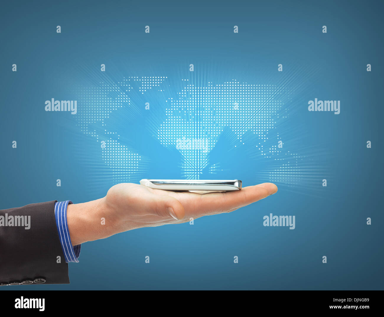 man hand with smartphone and virtual world map Stock Photo - Alamy
