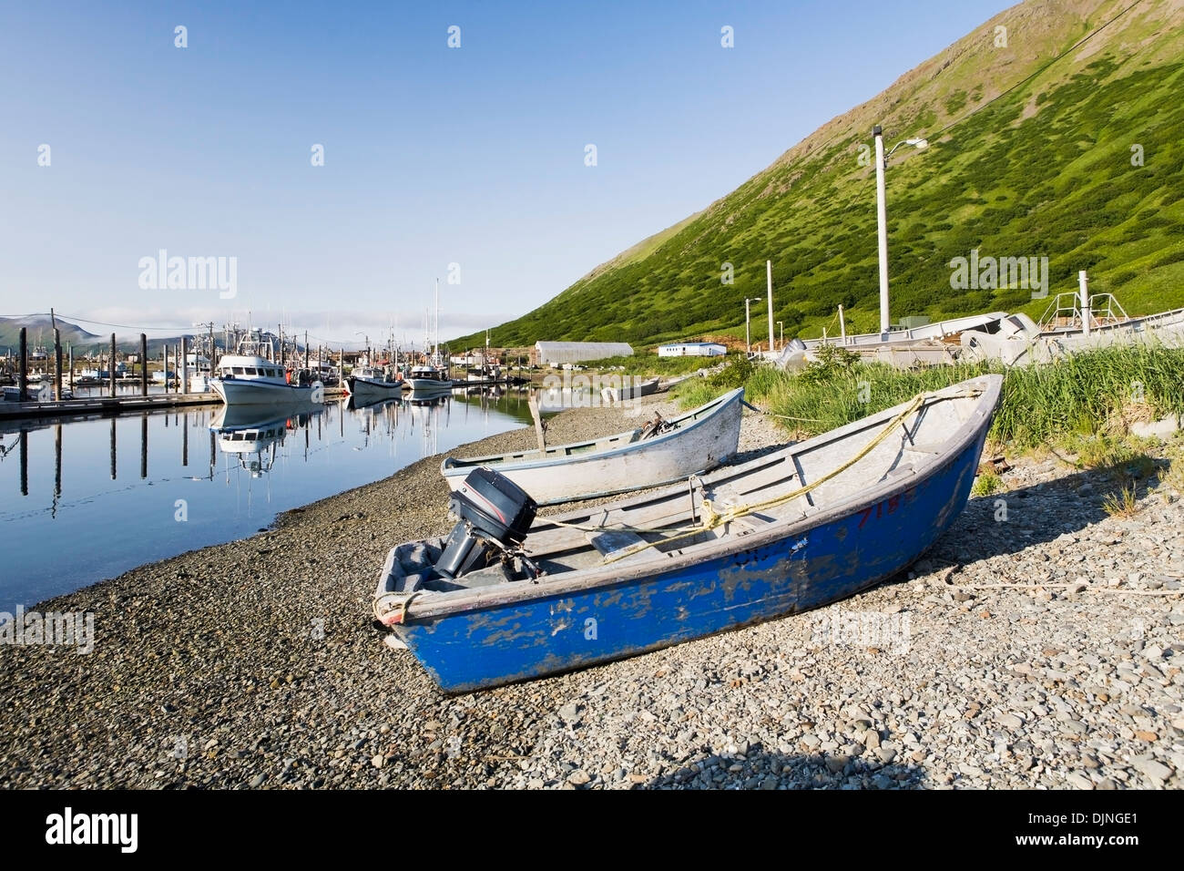 Classic Old Wooden Skiffs Sit On The Edge Of The King Cove Harbor At