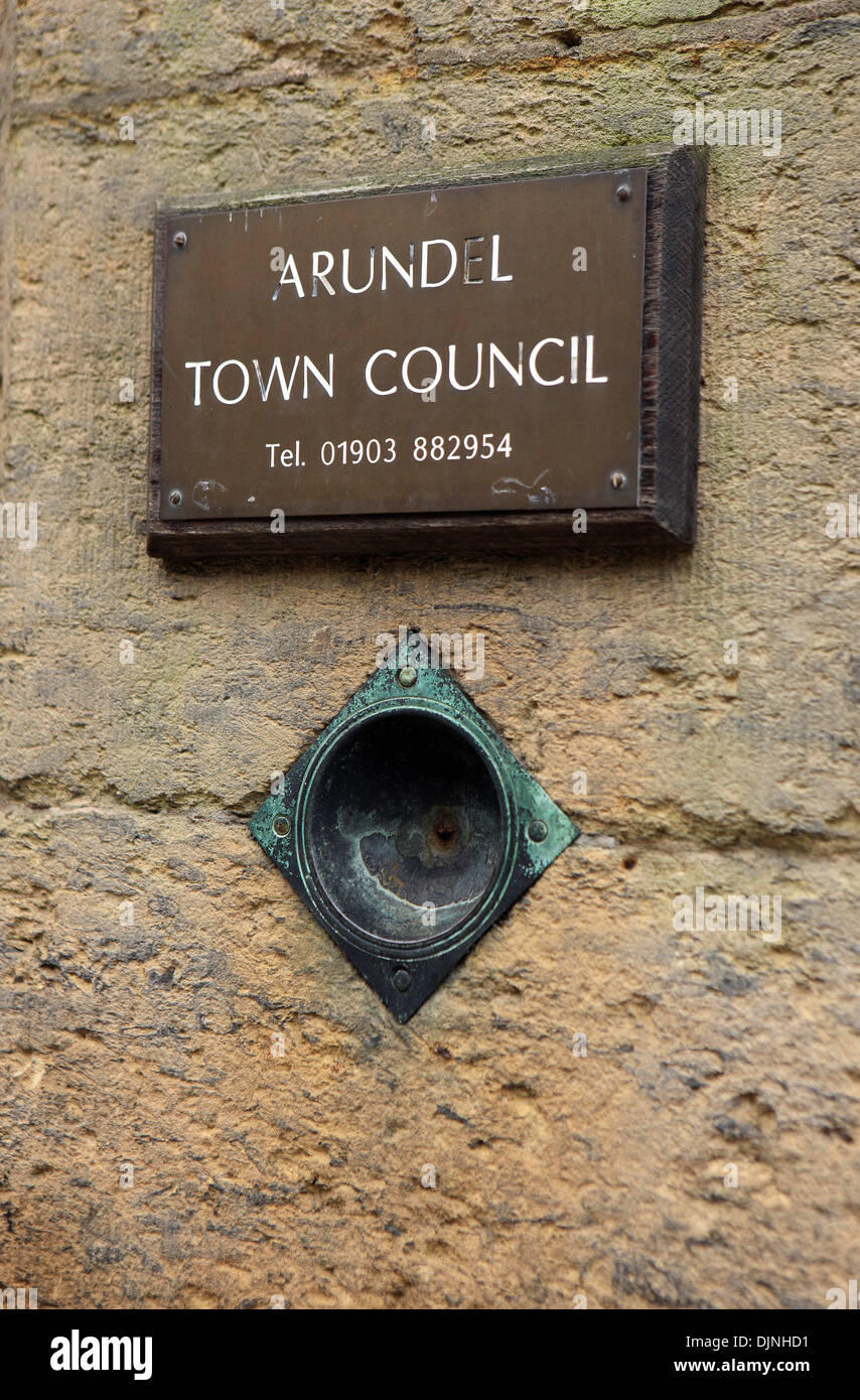 Name plate outside Arundel Town Council with telephone number in the South Downs market town in West Sussex Stock Photo