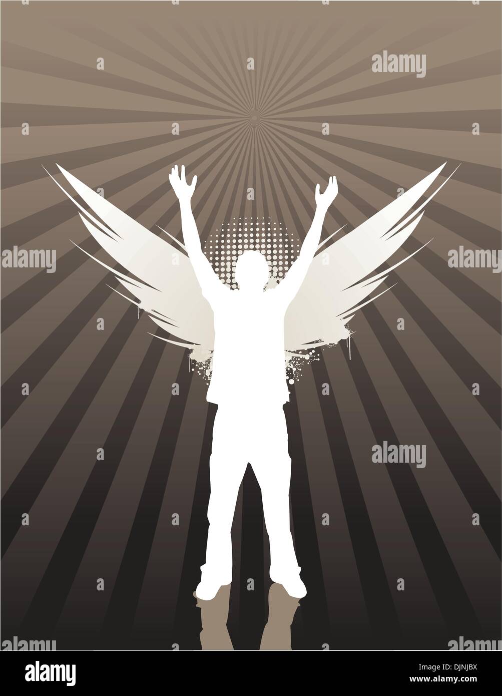 Silhouette of man with wings on rays background. All elements on separate layers, easily edited. Stock Vector