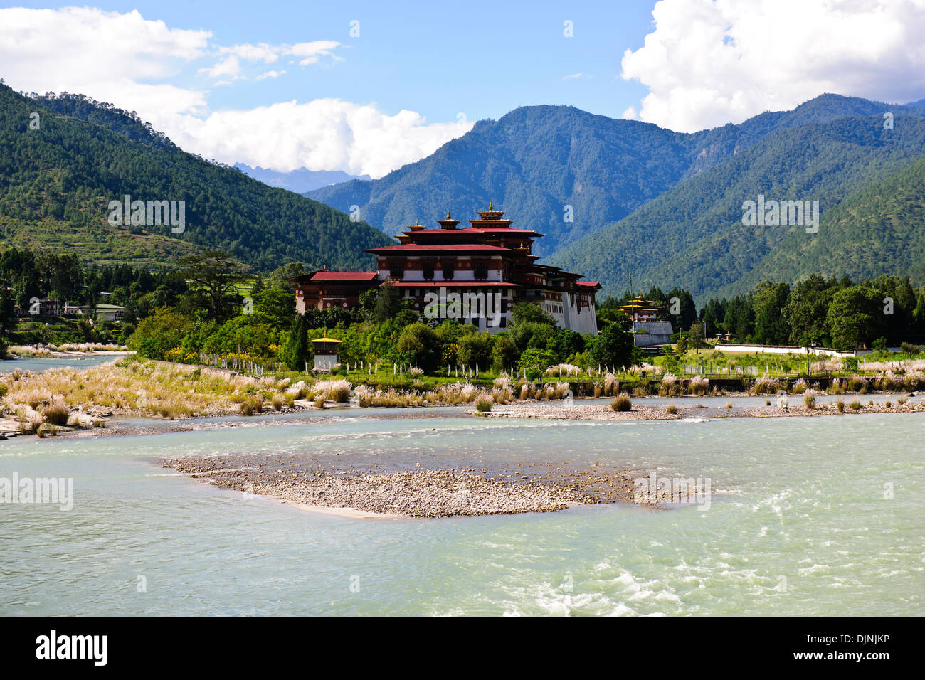 Punakha Dzong,The head of the clergy of Bhutan with his entourage of Buddhist monks spend the winter in this Dzong,Surroundings Stock Photo