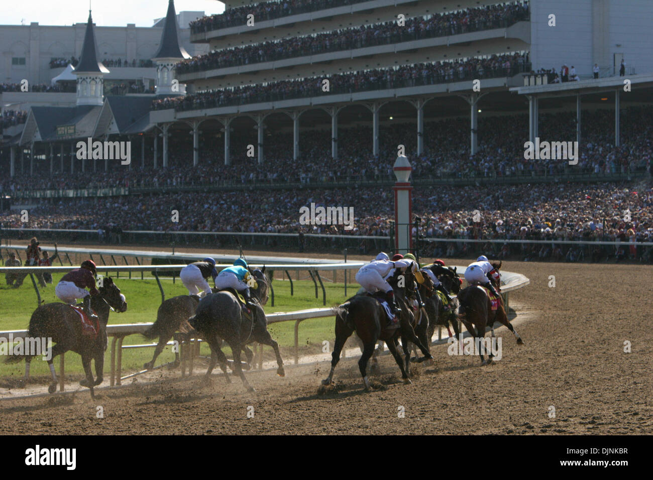 The field headed into the final turn in the 134th Kentucky Derby. Big