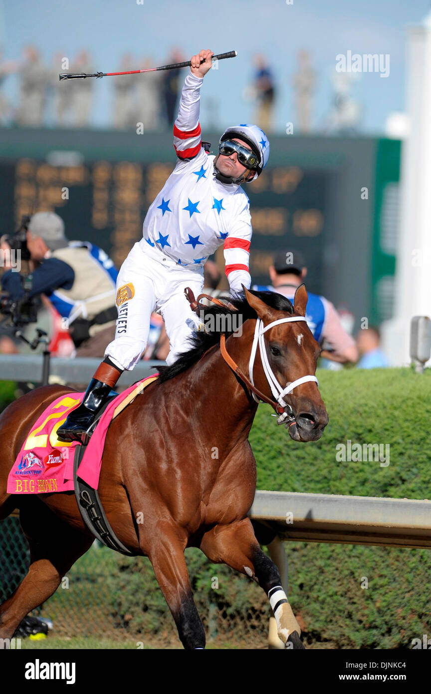 Kent Desormeaux celebrates after crossing the finish line aboard Big Brown.  Big Brown #20 with Kent Desormeaux up won the 134 Kentucky Derby with Eight Belles #5 with Gabriel Saez up was second and Denis of Cork #16 with Calvin Borel up was thirdin the 134th running of the Kentucky Derby Saturday May 3, 2008, at Churchill Downs, Louisville, Ky. Photo by Joseph Rey Au  (Credit Imag Stock Photo