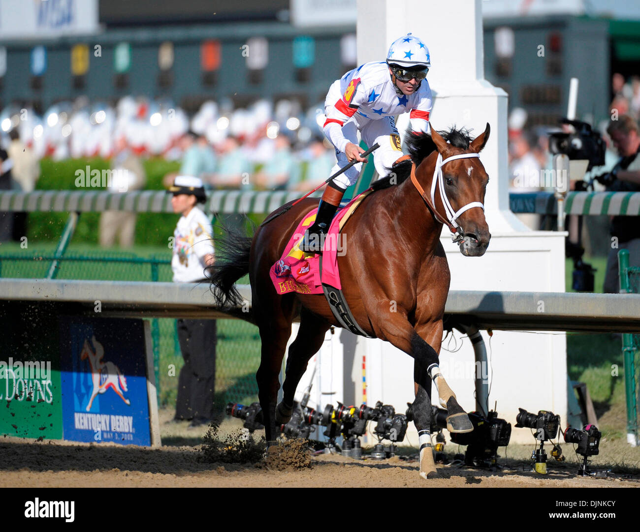 Big Brown with Kent Desormeaux up crossed the finish line to win the 134th Kentucky Derby.  Big Brown #20 with Kent Desormeaux up won the 134 Kentucky Derby with Eight Belles #5 with Gabriel Saez up was second and Denis of Cork #16 with Calvin Borel up was third in the 134th running of the Kentucky Derby Saturday May 3, 2008, at Churchill Downs, Louisville, Ky. Photo by Ken Weaver  Stock Photo