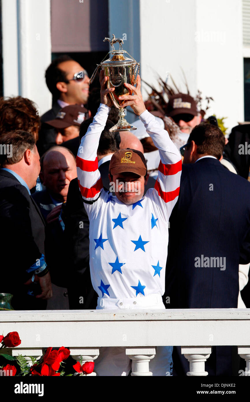 Jockey Kent Desormeaux raised the Kentucky Derby Trophy over his head in the winners circle after winning the 134th Kentucky Derby aboard Big Brown.  Big Brown #20 with Kent Desormeaux up won the 134 Kentucky Derby with Eight Belles #5 with Gabriel Saez up was second and Denis of Cork #16 with Calvin Borel up was third in the 134th running of the Kentucky Derby Saturday May 3, 2008 Stock Photo