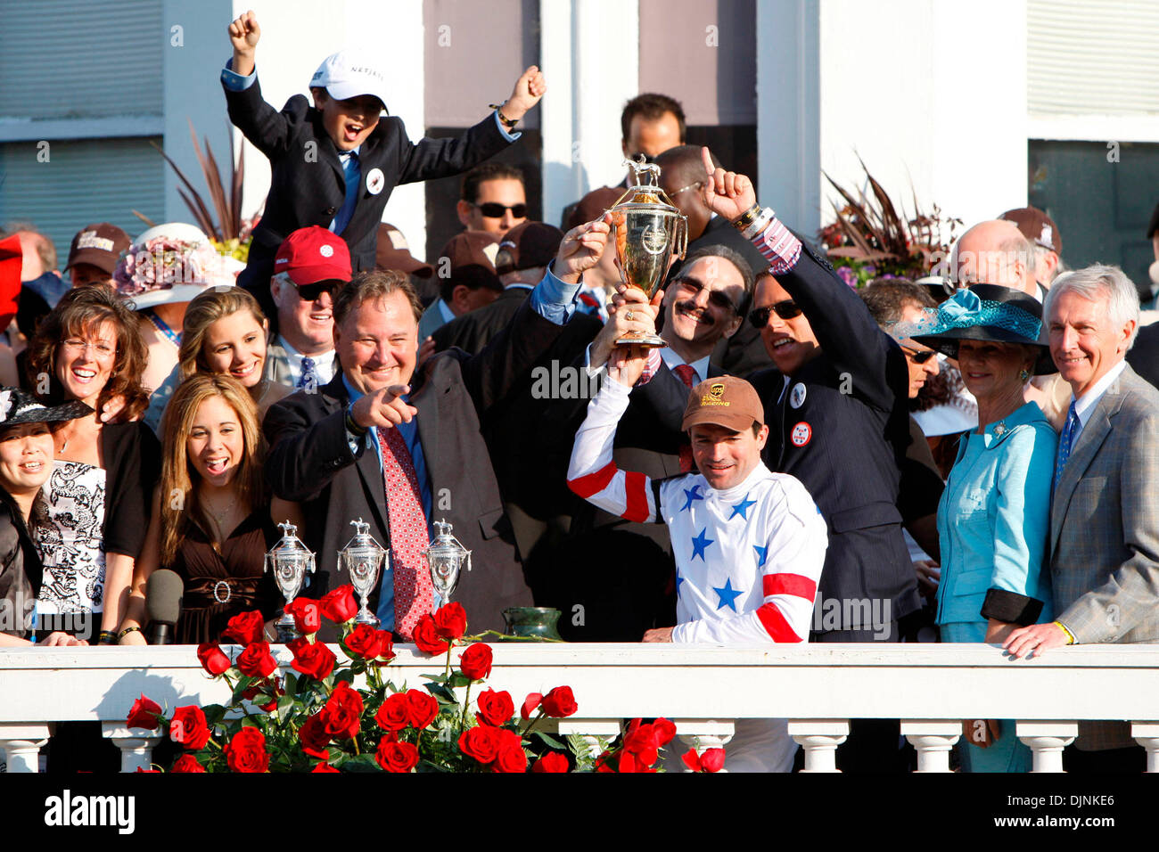 Kent Desormeaux celebrated in the winner's circle with trainer Richard Dutrow, Jr. (left), co-CEOs of IEAH Stables Richard Shiavo (center) and Mike Iavarone and Kentucky first lady Jane Beshear and Gov. Steve Beshear (far right) after Big Brown #20 won the 134th running of the Kentucky Derby Saturday May 3, 2008, at Churchill Downs, Louisville, Ky. Photo by Charles Bertram | Staff  Stock Photo