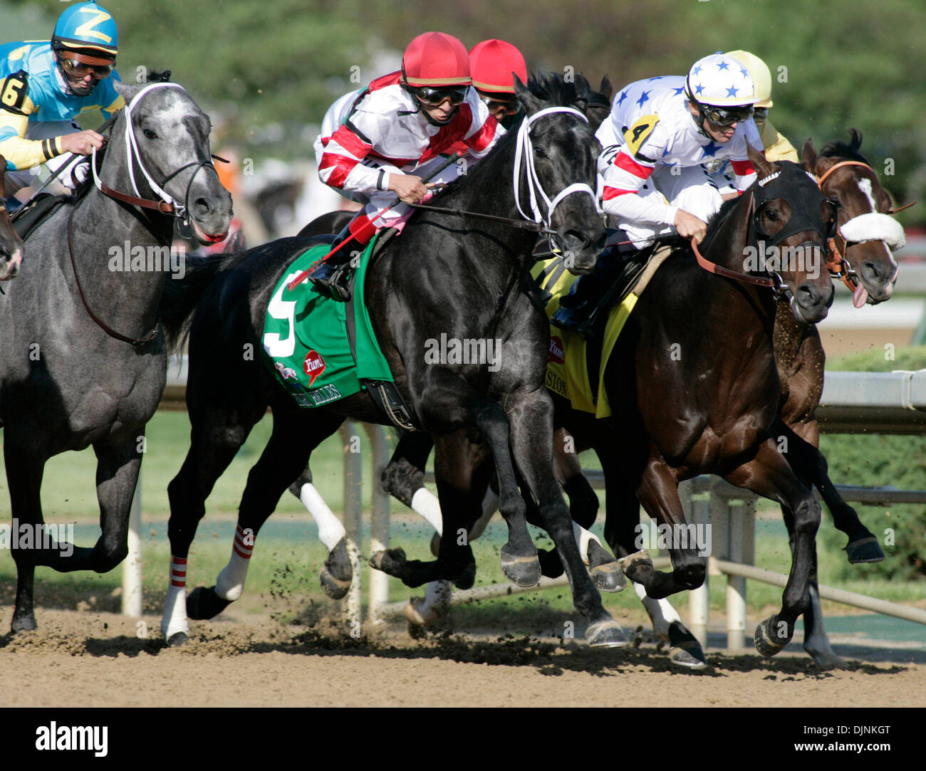 May 03, 2008 - Lexington, Kentucky, USA - Eight Belles with Gabriel Saez up, center, charges down the stretch after breaking from the starting gate in the 134th running of the Kentucky Derby at Churchill Downs. (Credit Image: © James Kenney/Lexington Herald Leader/ZUMA Press) RESTRICTIONS: * U.S. Tabloid Rights OUT * Stock Photo