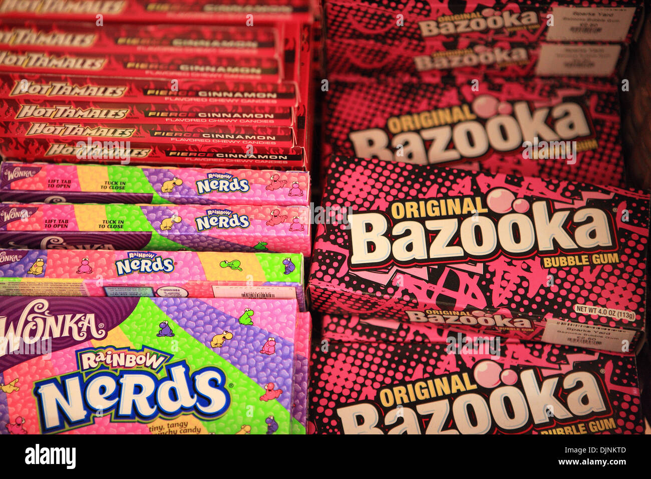 Original Bazooka bubble gum and Wonka Rainbow Nerds and Hot Tamales on sale in shop in the UK Stock Photo