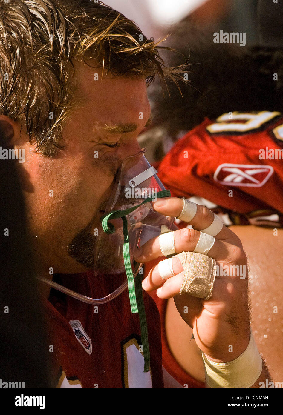 Oct 05, 2008 - San Francisco, California, U.S. - San Francisco 49ers vs New England Patriots at Monster PARK Sunday, October 05, 2008. San Francisco 49ers defensive end Justin Smith #94 take air on the sidelines. (Credit Image: © Al Golub/ZUMApress.com) Stock Photo