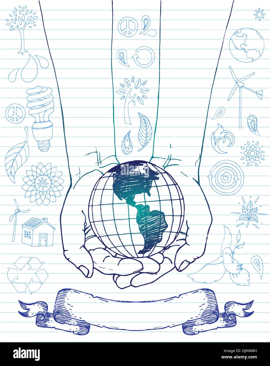 Hands holding earth with eco doodles. Stock Vector