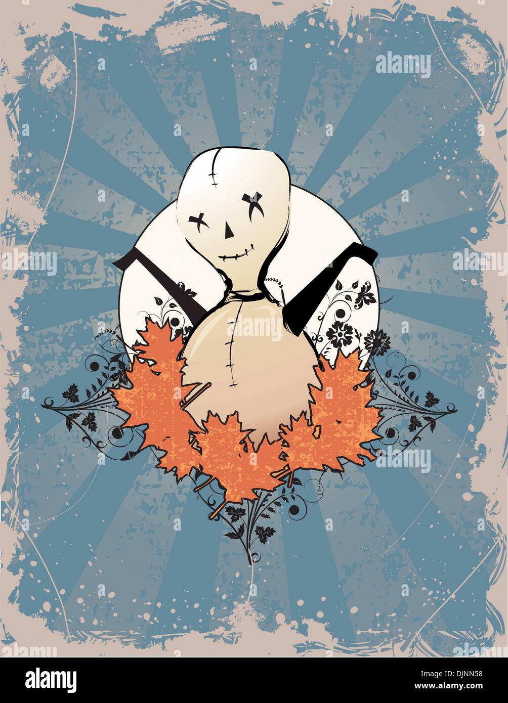 Whimsical hand drawn scarecrow on grunge background. Stock Vector