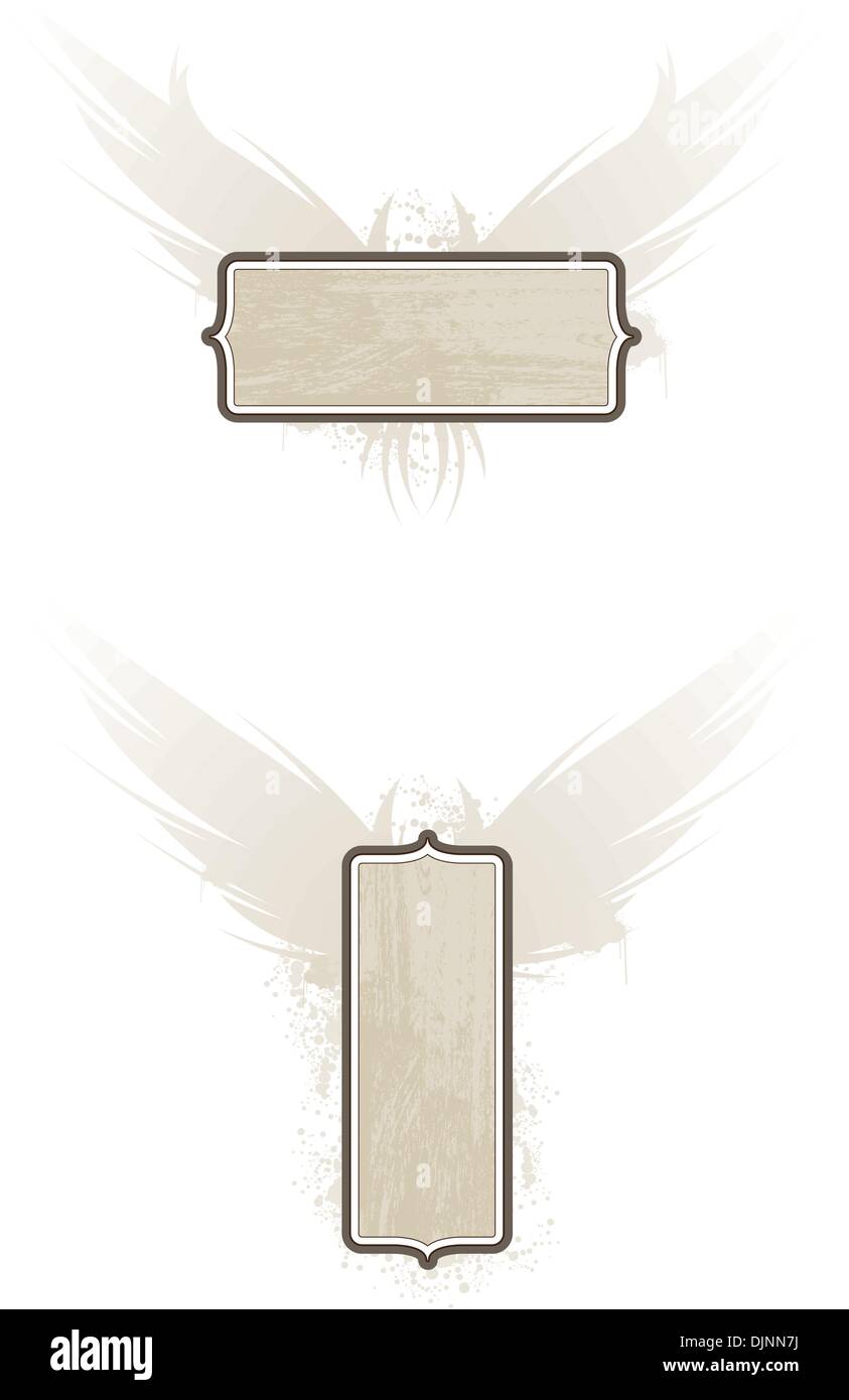 Two woodgrain plaques with wings. Separate elements. Stock Vector