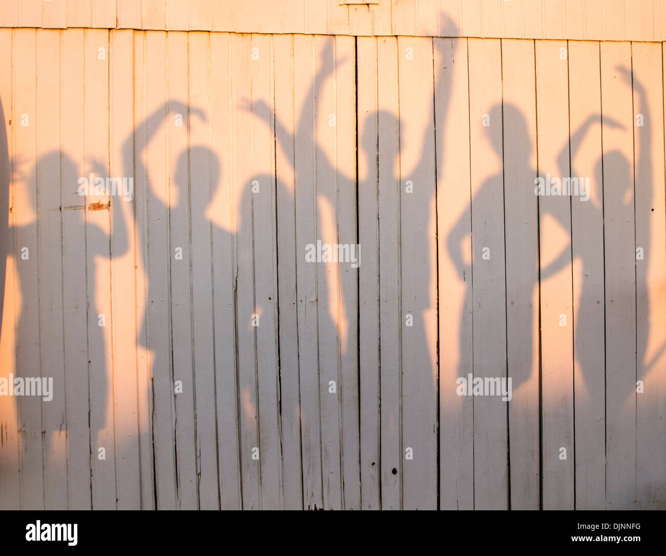 View of a fun photo of a group of friends making poses creating a shadow on a wooden wall. Stock Photo