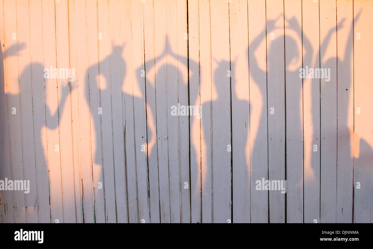 View of a fun photo of a group of friends making poses creating a shadow on a wooden wall. Stock Photo