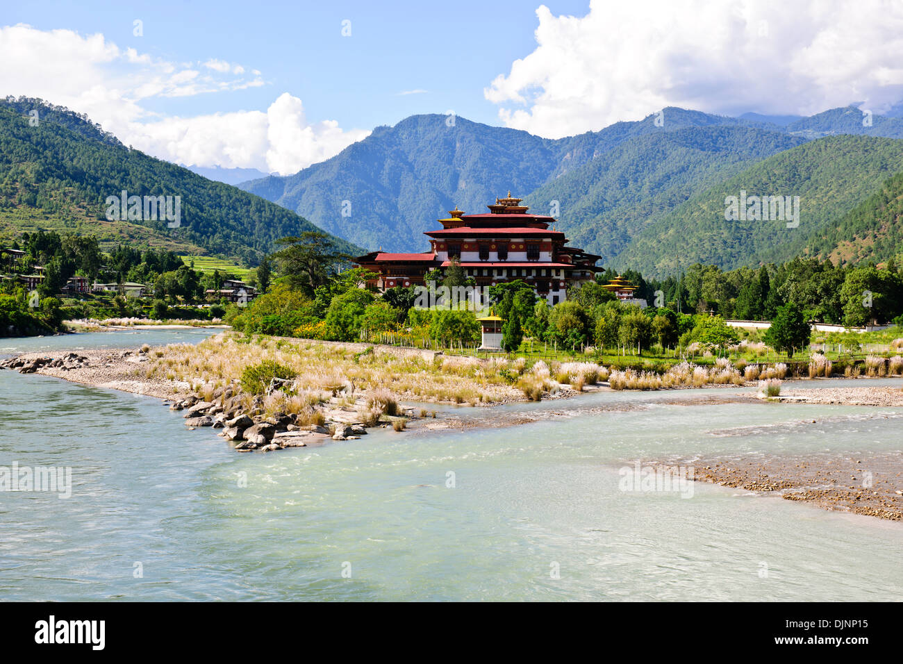 Punakha Dzong,The head of the clergy of Bhutan with his entourage of Buddhist monks spend the winter in this Dzong,Surroundings Stock Photo