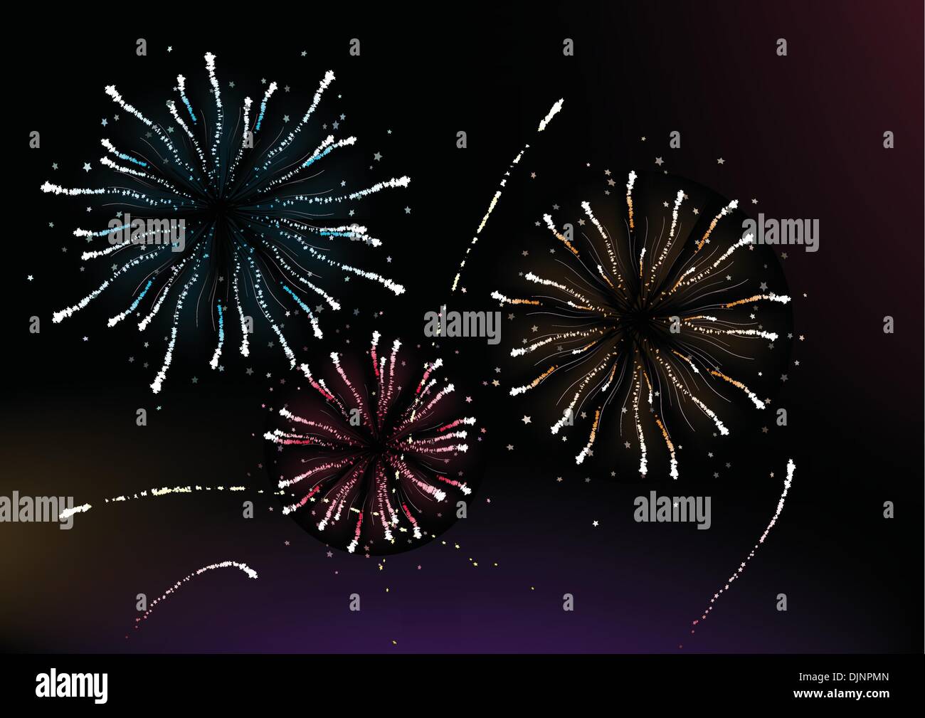 Vector illustration of different fireworks lighting up the sky in black background. Great for celebration and festive works. Stock Vector