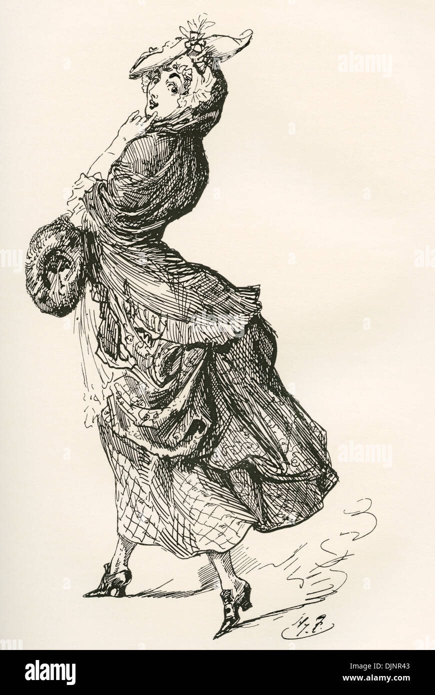 Dolly Varden. Illustration by Harry Furniss for the Charles Dickens novel Barnaby Rudge. Stock Photo