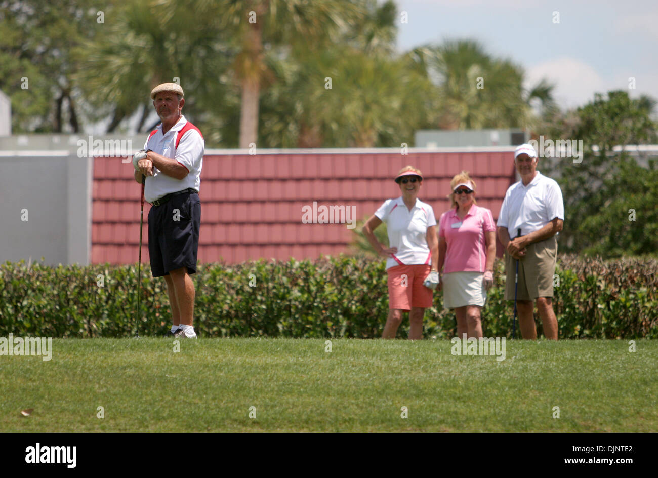 PT 305160 repo single 1 of 3.MIKE CAMUNAS  |  Times.(04/25/2009 NEW PORT RICHEY --  Lou Lakatos (cq) readies to tee off, while, from left to right, Edie Senensky (cq), Lucy Dowie (cq) and Herbert Simpson watch during an outing for the Tampa Bay chapter of the American Singles Golf Association.PT 305160 repo single 1 of 3. (Credit Image: © St. Petersburg Times/ZUMA Press) Stock Photo