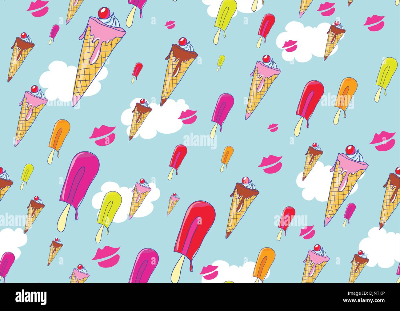 Seamless Pattern made of cool hand-drawn ice creams in different colors in retro style . Vector illustration Stock Vector