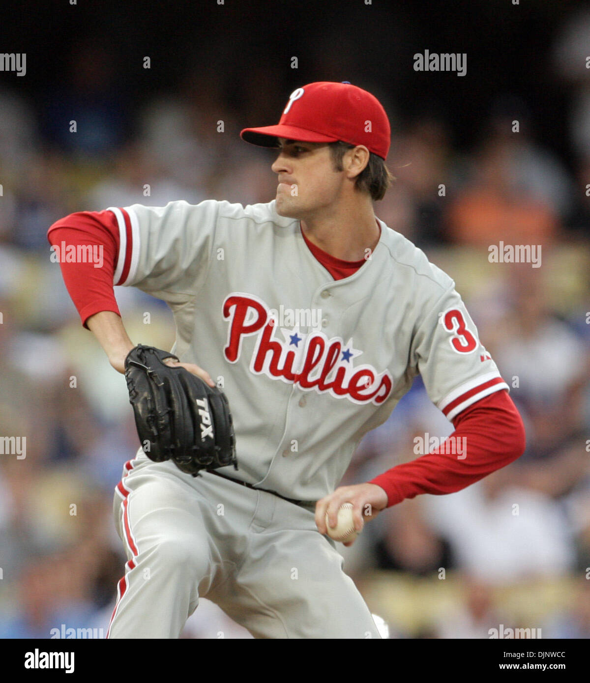 Oct 15 2008 Los Angeles California Usa Phillies Pitcher Cole Hamels Prepares To Throw The Baseball In The First Inning Against The Los Angeles Dodgers During Game Five Of The
