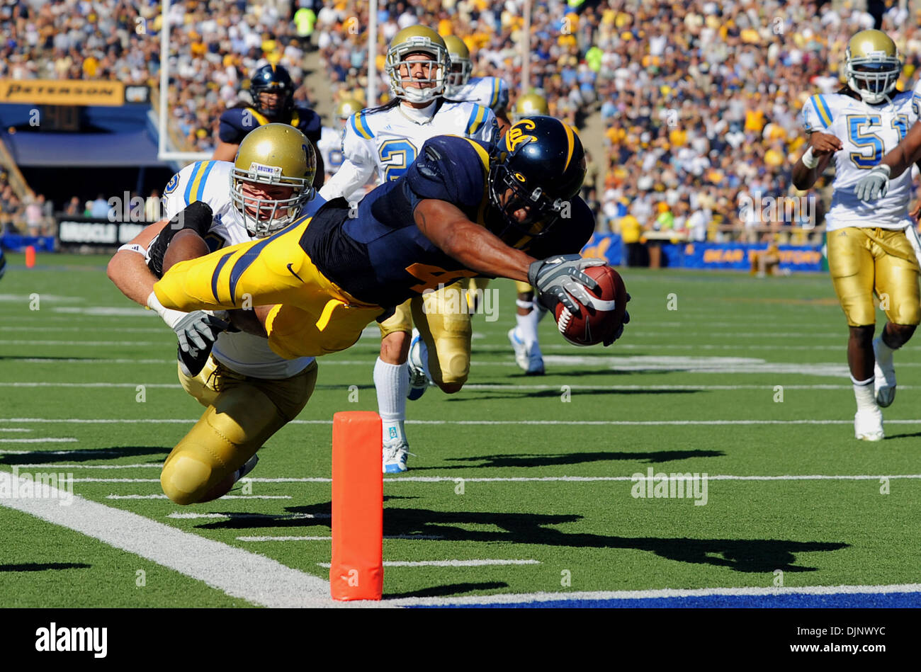California Golden Bears Jhavid Best, #4, dives into the endzone to score a touchdown while being tackled by UCLA Bruins Joh Hale, #12, in the 2nd quarter of their game on Saturday, October 25, 2008 at Memorial Stadium in Berkeley, Calif. (Jose Carlos Fajardo/Contra Costa Times/ZUMA Press). Stock Photo