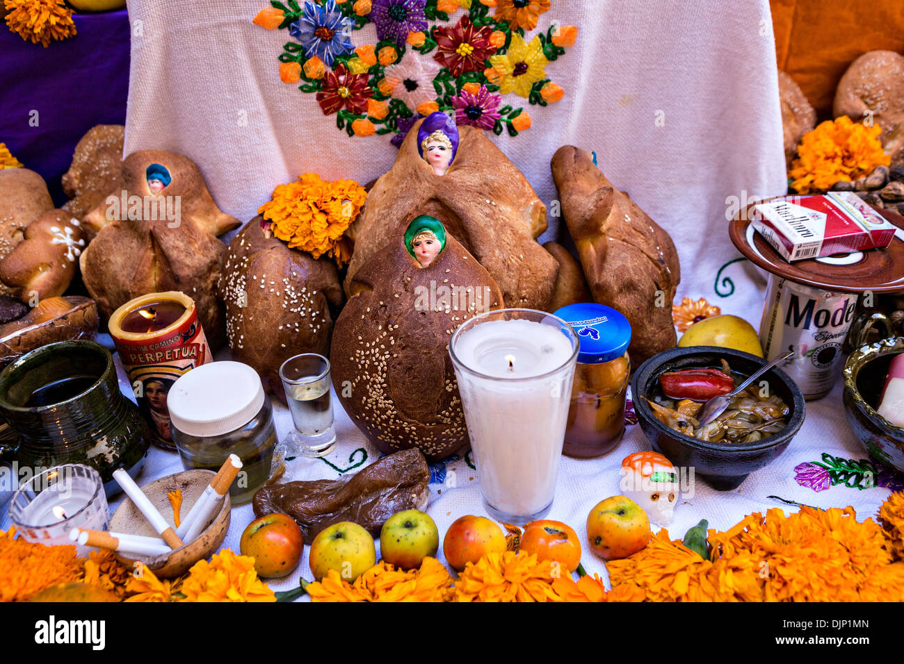 An altar or ofrendas set up to celebrate the Day of the Dead festival ...