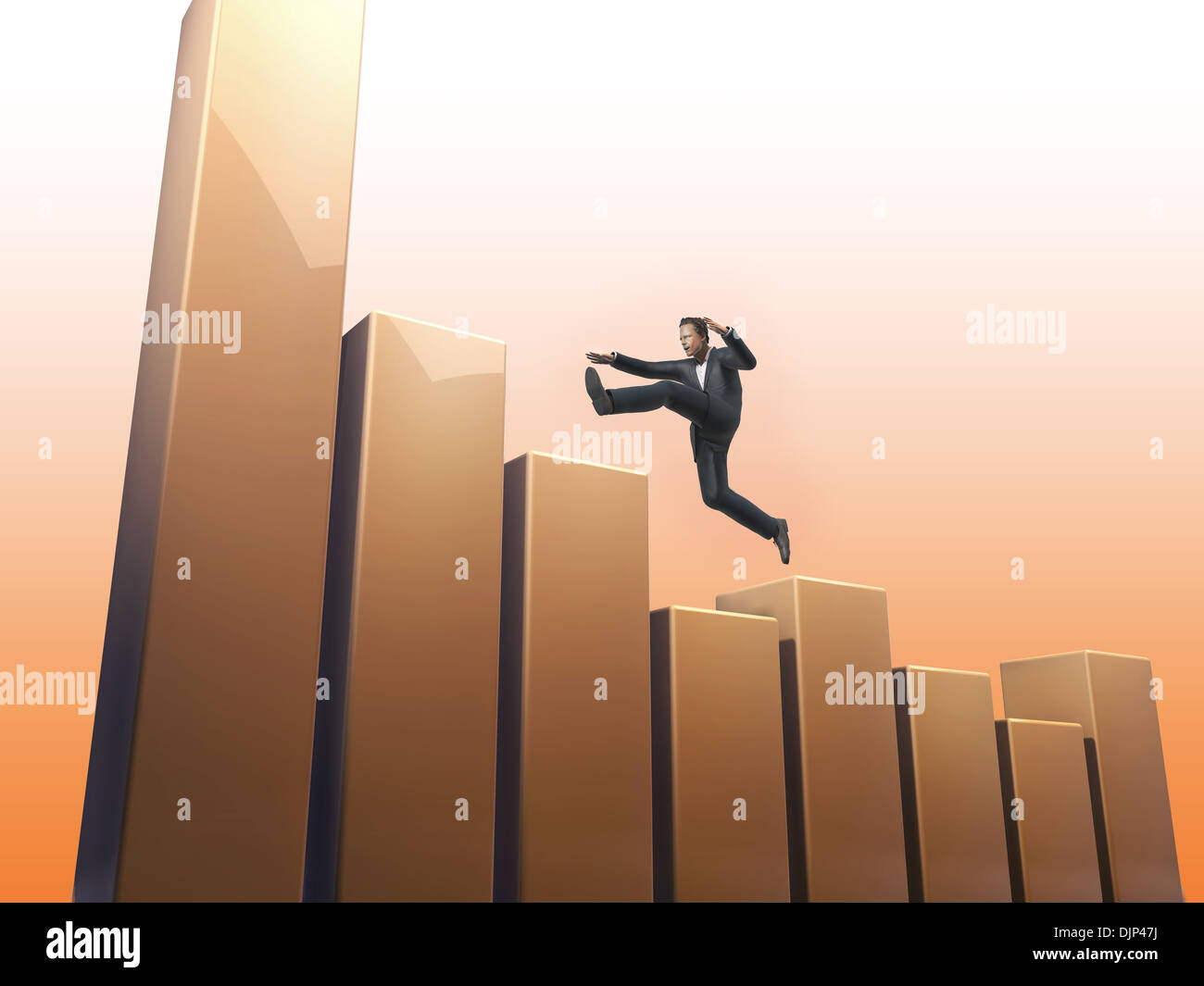 A businessman jumping on a bar graph Stock Photo Alamy