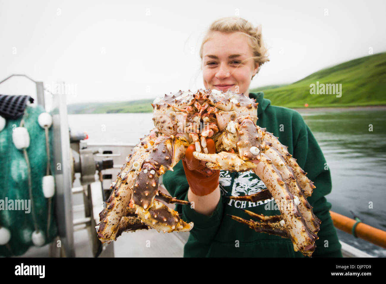 Commercial Fishing Deckhand Emma Teal Laukitis, Hold Up A Live Bristol Bay Red King Crab On A Boat In Isanotski Strait Stock Photo
