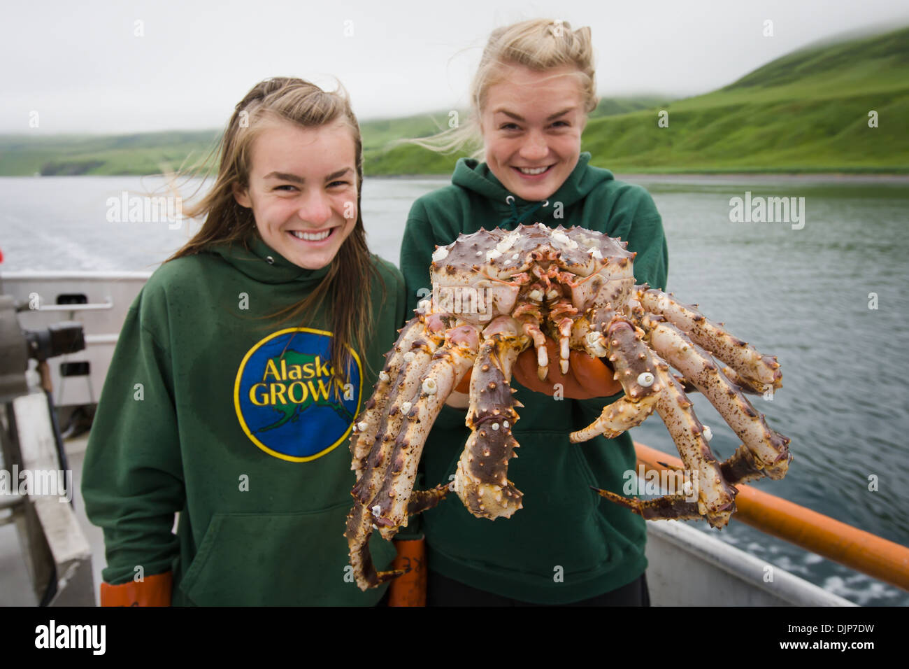 Commercial Fishing Deckhands, Claire And Emma Teal Laukitis, Hold Up A Live Bristol Bay Red King Crab On A Boat, Near False Pass Stock Photo