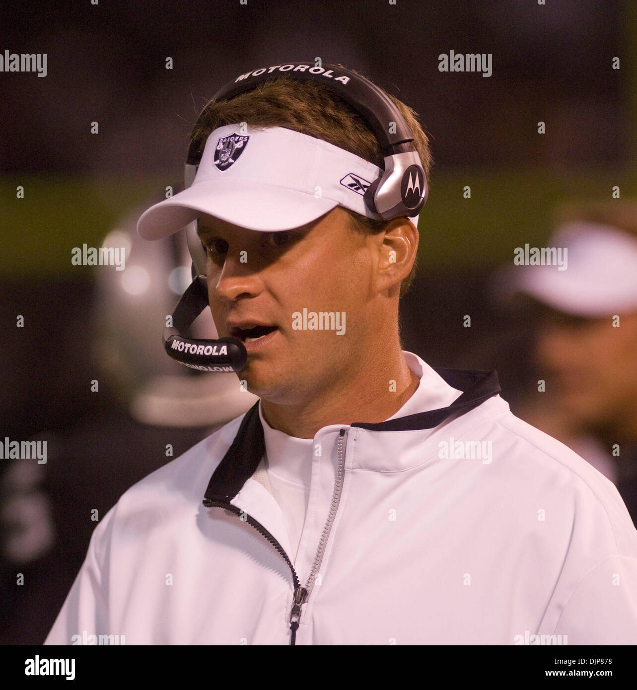 Aug 08, 2008 - OAKLAND, CA, USA - Oakland Raiders head coach LANE KIFFIN watches the game against the San Francisco 49ers at McAfee Coliseum. (Credit Image: © AL GOLUB/Golub Photography/Golub Photography) Stock Photo