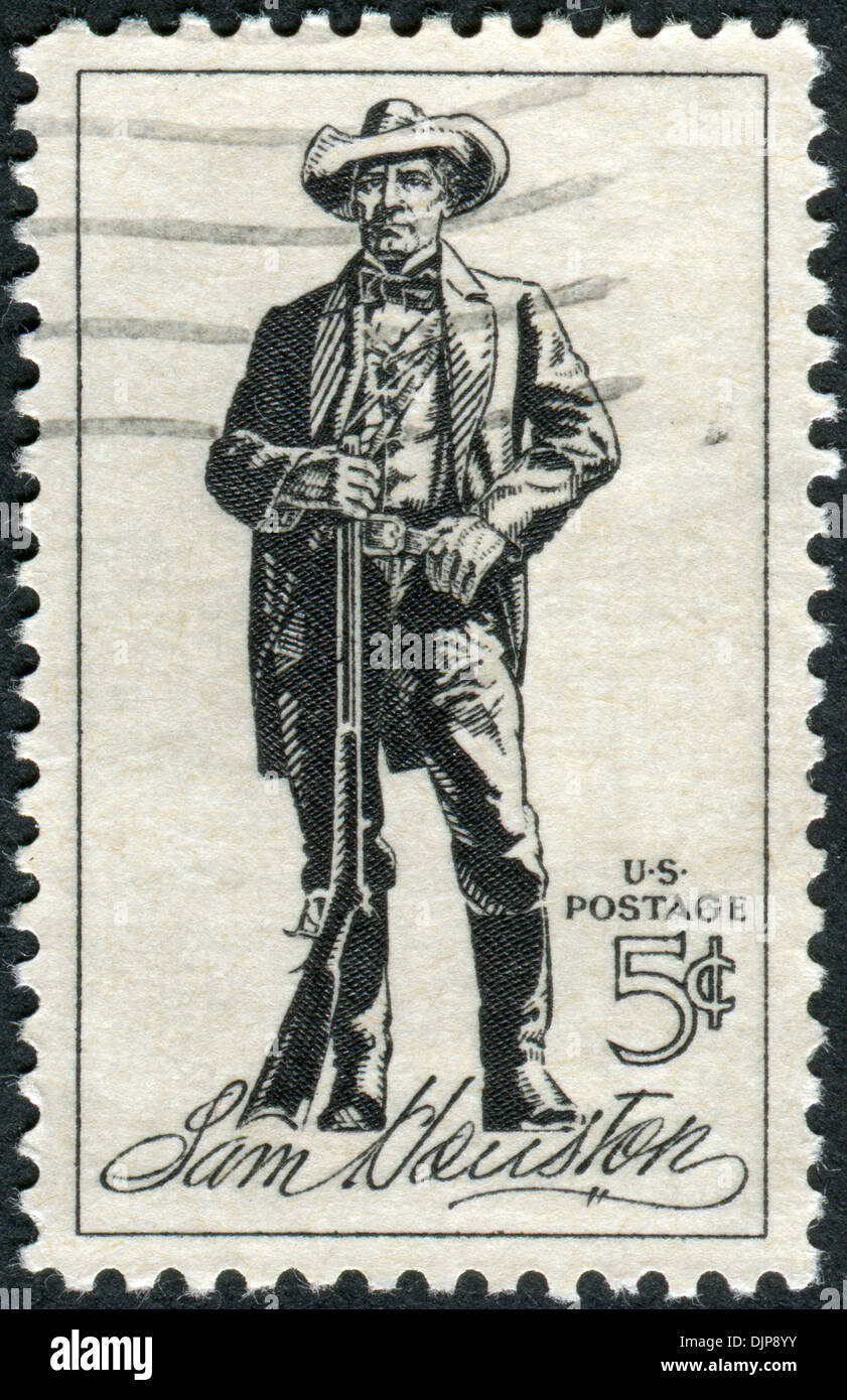 Postage stamps printed in USA, shows Sam Houston (17931863), soldier