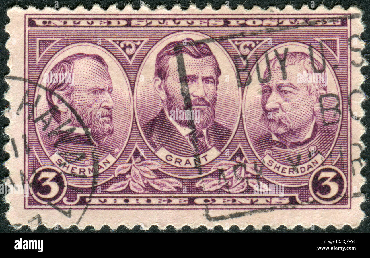 Issued in honor of the United States Army, shows Generals William Tecumseh Sherman, Ulysses S. Grant and Philip Henry Sheridan Stock Photo