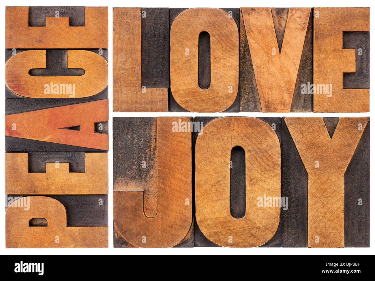 peace, love and joy typography abstract - a collage of isolated words in letterpress wood type Stock Photo