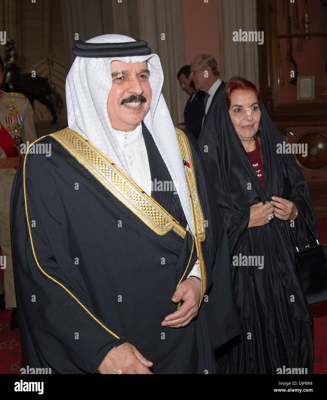 Queen Sabika bint Ibrahim Al Khalifa King of Bahrain Hamad bin Isa Al Khalifah Guests are greeted inside Grand Vestibule at Stock Photo
