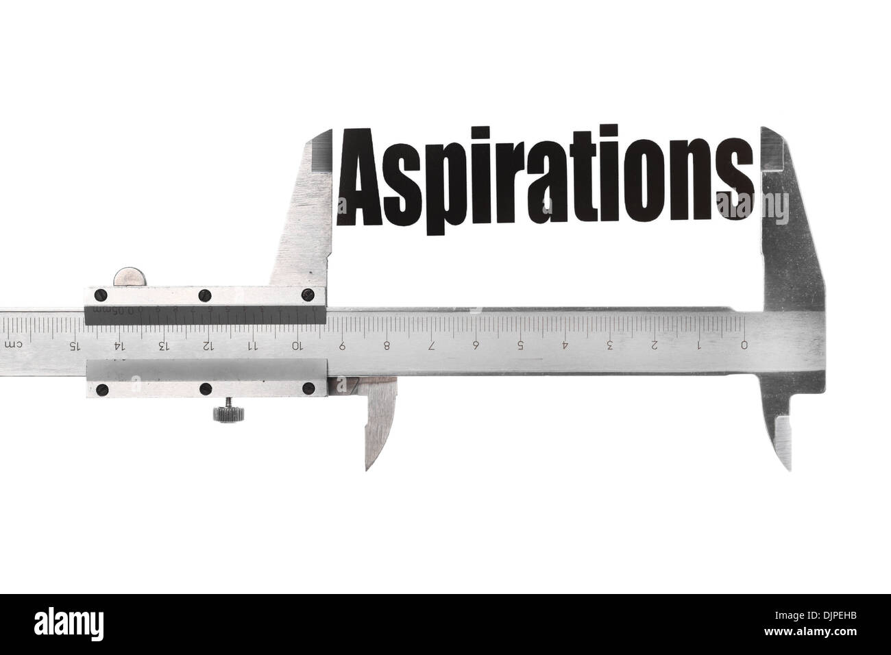 Close up shot of a caliper measuring the word 'Aspirations' Stock Photo