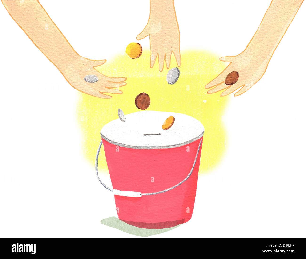 Putting money into a donation bucket Stock Photo Alamy