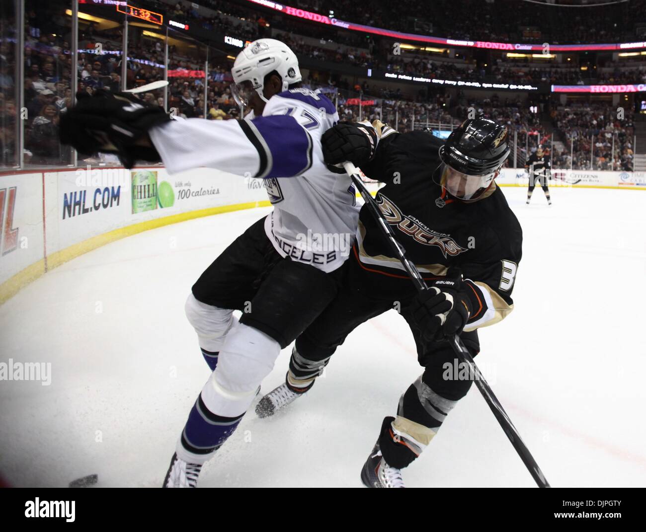 Apr 06, 2010 - Anaheim, California, USA - Los Angeles Kings' right wing Wayne Simmonds, left, battles over the puck against Anaheim Ducks' left wing Jason Blake during the second period an NHL Hockey game against at the Honda Center. (Credit Image: © Mark Samala/ZUMA Press) Stock Photo