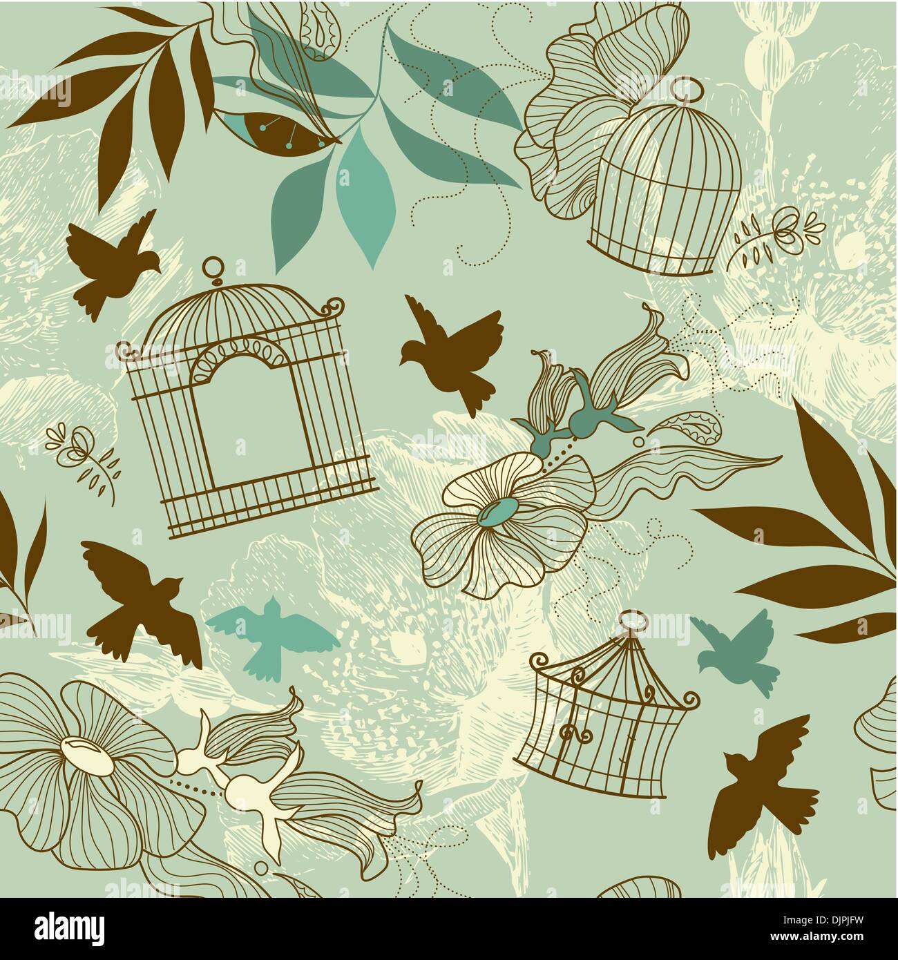 Birds and bird cages. Seamless pattern Stock Vector