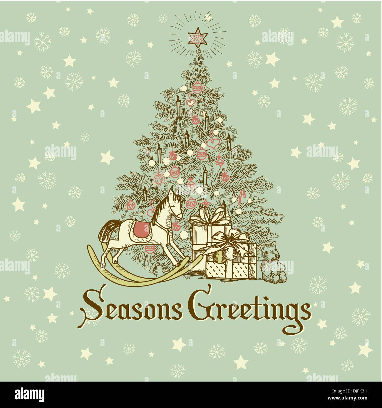 Vintage Christmas Card . Beautiful Christmas tree illustration Stock