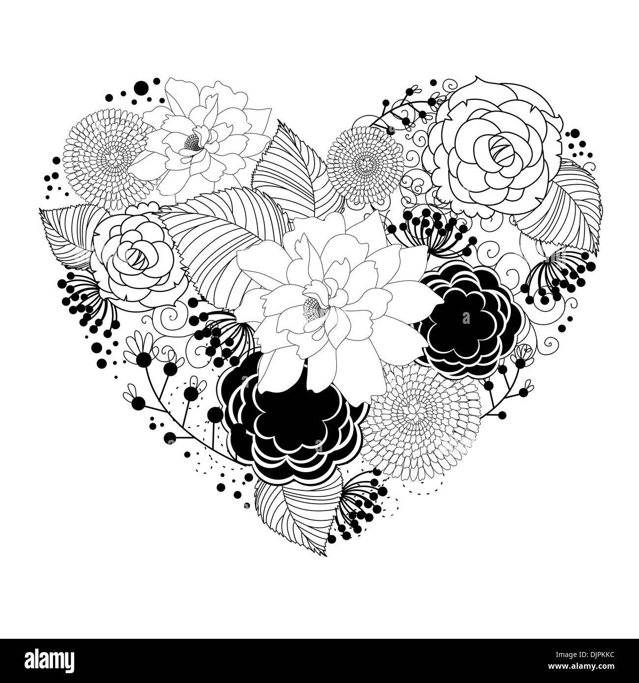 Floral romantic heart ornament Black and White Stock Photos & Images ...